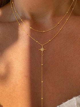 قلادة بسلسلة معدنية بشكل نجمة ثماني الأضلاع مرصعة بالزركونيا، قلادة طويلة على شكل حرف Y، قلادة أنيقة للنساء للحفلات