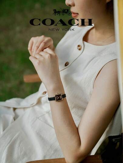 Coach ساعة كاس مربعة الشكل بحزام جلدي أسود للنساء