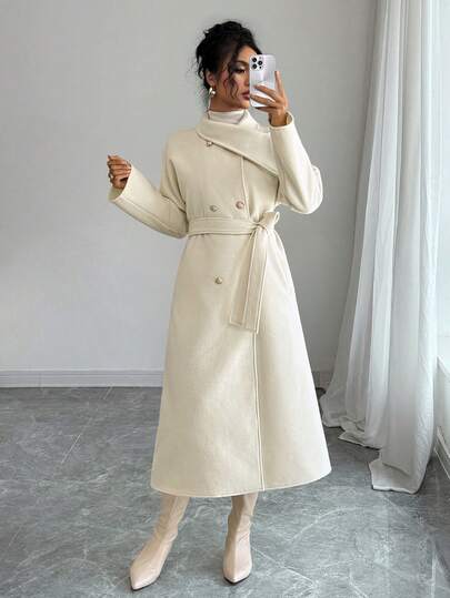 SHEIN PETITE معطف مزدوج الصدر بلون أحادي عصري للنساء في فصلي الخريف والشتاء