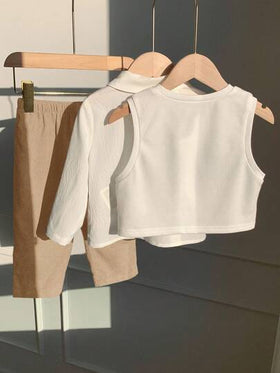 SHEIN 3 قطع بدلة للأطفال الصبيان تتكون من صدرية أرجايل كاجوال، قميص أبيض، وبنطلون أزرق كاجوال، مناسبة لحفلات عيد الميلاد، الحفلات المسائية، المناسبات، حفلات استقبال المواليد، المعمودية، وحفلات عيد الميلاد الأول