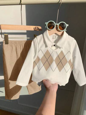 SHEIN 3 قطع بدلة للأطفال الصبيان تتكون من صدرية أرجايل كاجوال، قميص أبيض، وبنطلون أزرق كاجوال، مناسبة لحفلات عيد الميلاد، الحفلات المسائية، المناسبات، حفلات استقبال المواليد، المعمودية، وحفلات عيد الميلاد الأول