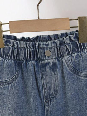 SHEIN جينز فتيات جديد بتصميم كوكون ذو غسيل خفيف، خصر مطوي، قماش ناعم ومريح، موضة يومية متعددة الاستخدامات، مناسب لجميع المواسم