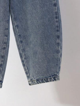 SHEIN جينز فتيات جديد بتصميم كوكون ذو غسيل خفيف، خصر مطوي، قماش ناعم ومريح، موضة يومية متعددة الاستخدامات، مناسب لجميع المواسم