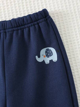 Cozy Pixies طقم ملابس سميك من قطعتين للأطفال الرضع الصبيان، بلوزة هودي بنمط فيل كرتوني وألوان متباينة، وبنطلون بخصر مطاطي