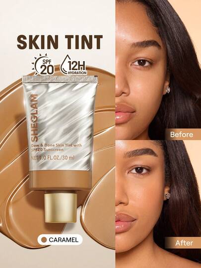 SHEGLAM Dew & Done ملون خفيف للبشرة مع Spf20-Caramel علامة تجارية جمال مكياج ميكب مستحضرات تجميل للنساء الفتيات مثالي لفصل الشتاء الربيع مثالي ل- Y2K أزياء أنيقة رمضان هدية حفلة جاهز أفضل لون