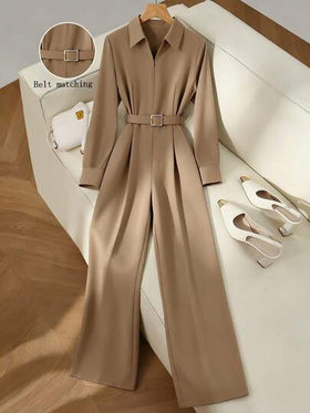 SHEIN Franclia جمبسوت نسائية كاجوال متعددة الاستخدامات، بياقة قميص، أكمام طويلة، مربوطة بحزام، ساقين واسعتين، موسم الخريف