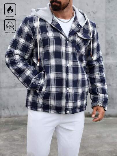 Manfinity CasualCool معطف كاجوال رجالي بنمط كلاسيكي أحادي الصدر مبطن بغطاء رأس مع سحاب، شتوي