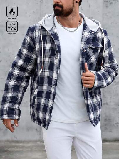 Manfinity CasualCool معطف كاجوال رجالي بنمط كلاسيكي أحادي الصدر مبطن بغطاء رأس مع سحاب، شتوي