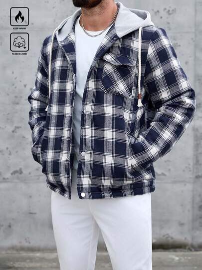 Manfinity CasualCool معطف كاجوال رجالي بنمط كلاسيكي أحادي الصدر مبطن بغطاء رأس مع سحاب، شتوي