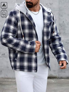 Manfinity CasualCool معطف كاجوال رجالي بنمط كلاسيكي أحادي الصدر مبطن بغطاء رأس مع سحاب، شتوي