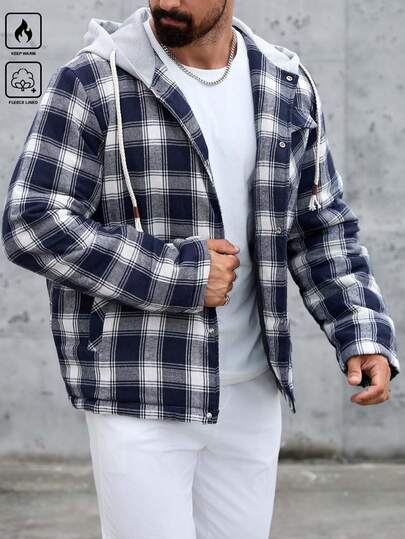 Manfinity CasualCool معطف كاجوال رجالي بنمط كلاسيكي أحادي الصدر مبطن بغطاء رأس مع سحاب، شتوي
