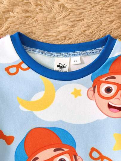 Blippi X SHEIN طقم بيجامة للأولاد مكون من 2 قطعة: ملابس علوية كم طويل بطبعة القمر والسحاب وسروال ضيق مصنوع من الأقمشة المحبوكة
