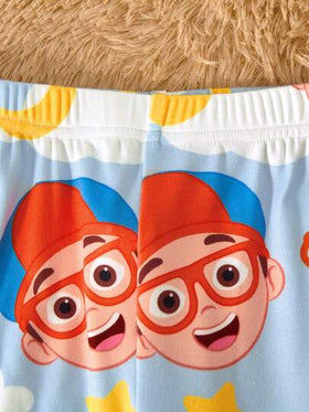 Blippi X SHEIN طقم بيجامة للأولاد مكون من 2 قطعة: ملابس علوية كم طويل بطبعة القمر والسحاب وسروال ضيق مصنوع من الأقمشة المحبوكة