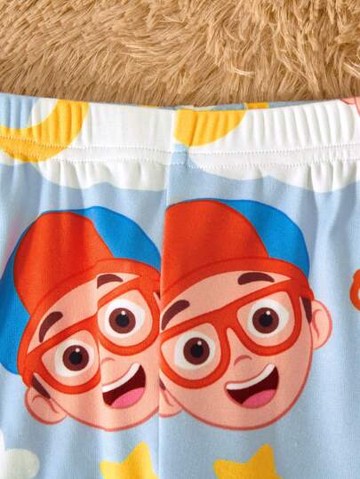 Blippi X SHEIN طقم بيجامة للأولاد مكون من 2 قطعة: ملابس علوية كم طويل بطبعة القمر والسحاب وسروال ضيق مصنوع من الأقمشة المحبوكة