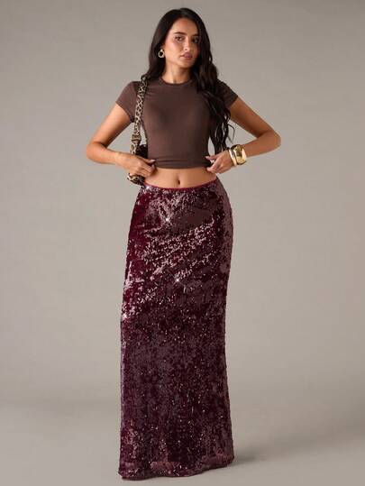SHEIN BAE تنورة حفلات نسائية عصرية مرصعة بالترتر