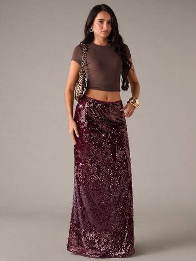 SHEIN BAE تنورة حفلات نسائية عصرية مرصعة بالترتر