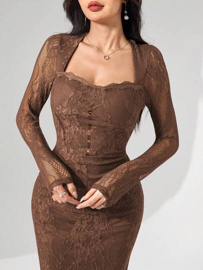 Modelyn رمضان فستان متوسط الطول مناسب مع أكمام طويلة وياقة مربعة مزين بالدانتيل للنساء