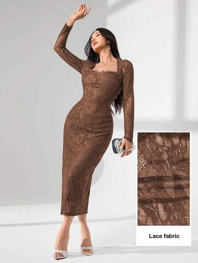 Modelyn رمضان فستان متوسط الطول مناسب مع أكمام طويلة وياقة مربعة مزين بالدانتيل للنساء