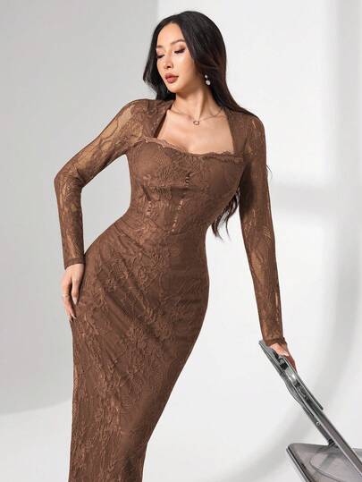 Modelyn رمضان فستان متوسط الطول مناسب مع أكمام طويلة وياقة مربعة مزين بالدانتيل للنساء