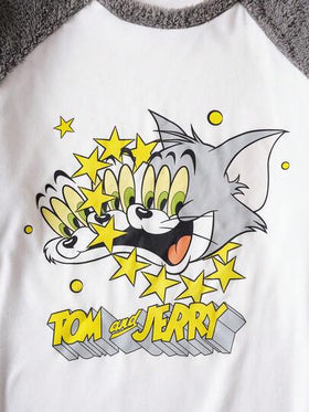 TOM & JERRY X SHEIN مجموعة ملابس نوم رجالية من البلوزة المطبوعة بالحرف والنجوم والبنطلون المطرز، مصنوعة من القطيفة الناعمة، ملابس نوم شتوية من البطانية المطبوعة بالرسوم الكرتونية، بأكمام طويلة