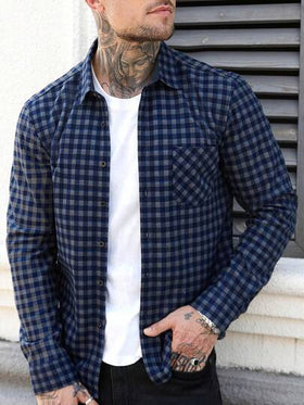 Manfinity CasualCool قميص كاجوال بأكمام طويلة وجيب واحد بنمط مربعات، خريفي