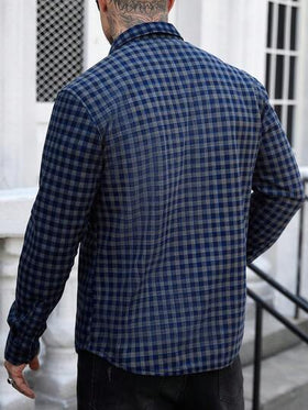 Manfinity CasualCool قميص كاجوال بأكمام طويلة وجيب واحد بنمط مربعات، خريفي