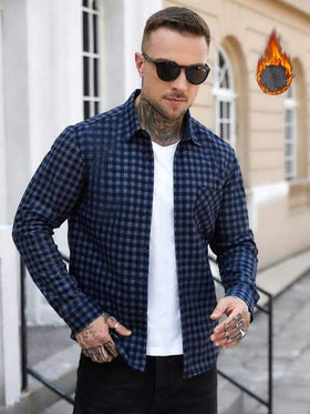 Manfinity CasualCool قميص كاجوال بأكمام طويلة وجيب واحد بنمط مربعات، خريفي