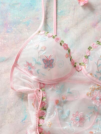 FloralLove ثوب نوم نسائي شفاف مطرز بالزهور مع تصميم ربطة الحرير الجذاب