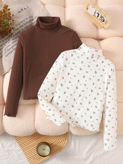 SHEIN مجموعة تيشيرت مضلع مُحبك لفتيات المراهقات، بطبعة زهور صغيرة وألوان سادة، قميص داخلي ناعم وراحة