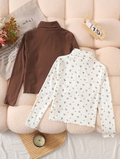SHEIN مجموعة تيشيرت مضلع مُحبك لفتيات المراهقات، بطبعة زهور صغيرة وألوان سادة، قميص داخلي ناعم وراحة