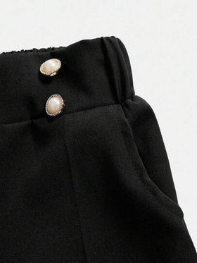 SHEIN بنطلون مكتبي أنيق ذو ساق مستقيمة وزرين للفتيات المراهقات