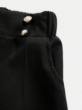 SHEIN بنطلون مكتبي أنيق ذو ساق مستقيمة وزرين للفتيات المراهقات