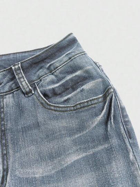 ROMWE Grunge Punk بنطلون جينز ذو خصر منخفض مطرز بطراز بانك شيك فينتاج، أزرق فاتح