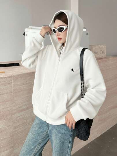 SHEIN جاكيت أبيض قابل للعكس مطرز بخيول للمراهقات، بتصميم كاجوال فضفاض، بطراز كلية بسيط