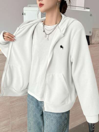 SHEIN جاكيت أبيض قابل للعكس مطرز بخيول للمراهقات، بتصميم كاجوال فضفاض، بطراز كلية بسيط