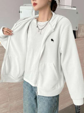 SHEIN جاكيت أبيض قابل للعكس مطرز بخيول للمراهقات، بتصميم كاجوال فضفاض، بطراز كلية بسيط