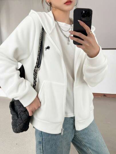 SHEIN جاكيت أبيض قابل للعكس مطرز بخيول للمراهقات، بتصميم كاجوال فضفاض، بطراز كلية بسيط