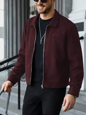 Manfinity CasualCool جاكيت رجالية كاجوال بسحاب ذات لون واحد، جاكيت قصيرة بسحاب للرجال للخريف والشتاء، جاكيت كنزة بأكمام طويلة للرجال