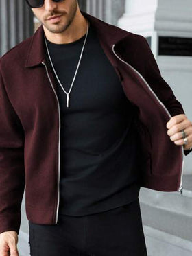 Manfinity CasualCool جاكيت رجالية كاجوال بسحاب ذات لون واحد، جاكيت قصيرة بسحاب للرجال للخريف والشتاء، جاكيت كنزة بأكمام طويلة للرجال