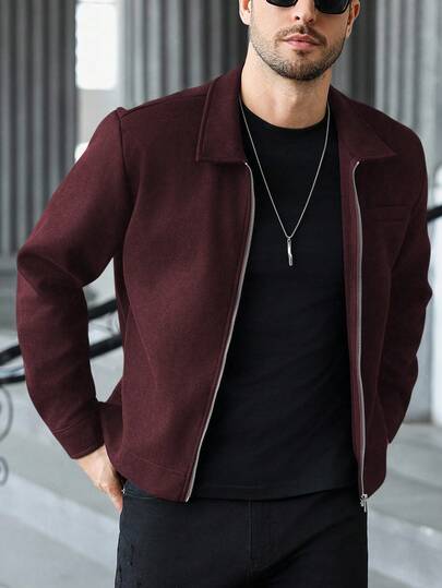 Manfinity CasualCool جاكيت رجالية كاجوال بسحاب ذات لون واحد، جاكيت قصيرة بسحاب للرجال للخريف والشتاء، جاكيت كنزة بأكمام طويلة للرجال