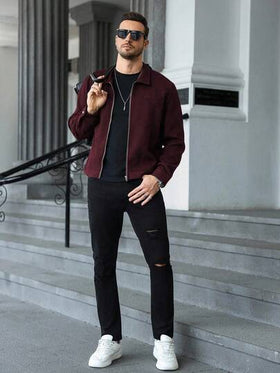 Manfinity CasualCool جاكيت رجالية كاجوال بسحاب ذات لون واحد، جاكيت قصيرة بسحاب للرجال للخريف والشتاء، جاكيت كنزة بأكمام طويلة للرجال