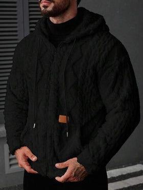Manfinity CasualCool معطف رجالي مبطن بالفليس مزود بسحاب وقبعة، معطف أسود للخريف/الشتاء للملابس الخارجية، معطف شتوي مصمم للرجال، هوديي أسود رجالي مزود بسحاب