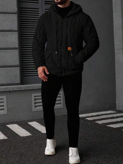 Manfinity CasualCool معطف رجالي مبطن بالفليس مزود بسحاب وقبعة، معطف أسود للخريف/الشتاء للملابس الخارجية، معطف شتوي مصمم للرجال، هوديي أسود رجالي مزود بسحاب