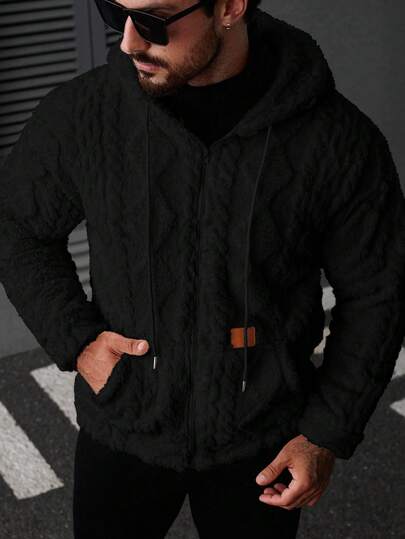 Manfinity CasualCool معطف رجالي مبطن بالفليس مزود بسحاب وقبعة، معطف أسود للخريف/الشتاء للملابس الخارجية، معطف شتوي مصمم للرجال، هوديي أسود رجالي مزود بسحاب