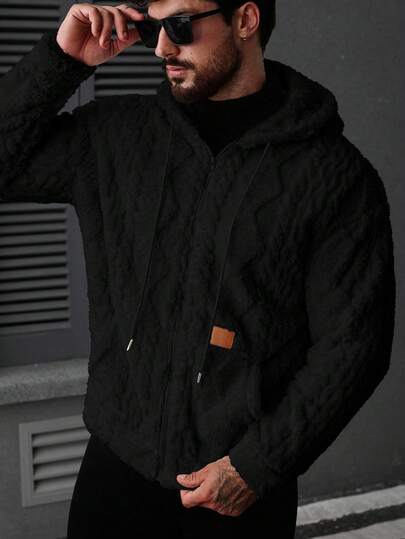 Manfinity CasualCool معطف رجالي مبطن بالفليس مزود بسحاب وقبعة، معطف أسود للخريف/الشتاء للملابس الخارجية، معطف شتوي مصمم للرجال، هوديي أسود رجالي مزود بسحاب