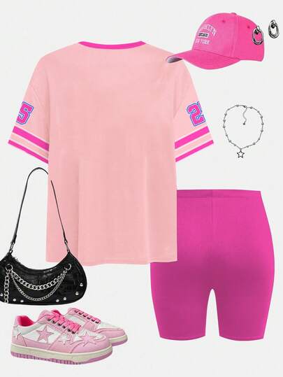 SHEIN طقم ملابس علوية كم قصير وشورت عادي مناسب للبنات في الصيف 2 قطعة