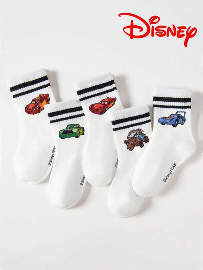 Disney 5 أزواج من الجوارب متوسطة الطول للأطفال بنمط رسوم الكرتون السيارات مع خطوط مزدوجة، تصميم جذاب، جوارب طلابية كاجوال مريحة مناسبة للاستخدام اليومي، العودة إلى المدرسة، هدايا العطلات