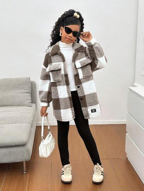 SHEIN معطف قصير من الفليس قابل للعكس بنمط مربعات للفتيات المراهقات، ملابس علوية كنزة طويلة الأكمام وسروال ضيق، ملابس شتوية للفتيات المراهقات