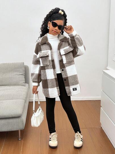 SHEIN معطف قصير من الفليس قابل للعكس بنمط مربعات للفتيات المراهقات، ملابس علوية كنزة طويلة الأكمام وسروال ضيق، ملابس شتوية للفتيات المراهقات