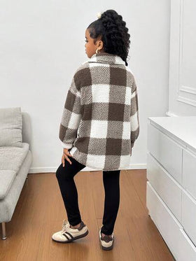 SHEIN معطف قصير من الفليس قابل للعكس بنمط مربعات للفتيات المراهقات، ملابس علوية كنزة طويلة الأكمام وسروال ضيق، ملابس شتوية للفتيات المراهقات